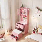 COZONY Coiffeuse 3-en-1, Haute Coiffeuse avec Tiroirs de Rangement et Portes en Acrylique, Table de Maquillage avec Miroir, Rangement pour Bijoux et Chaise Coussinée
