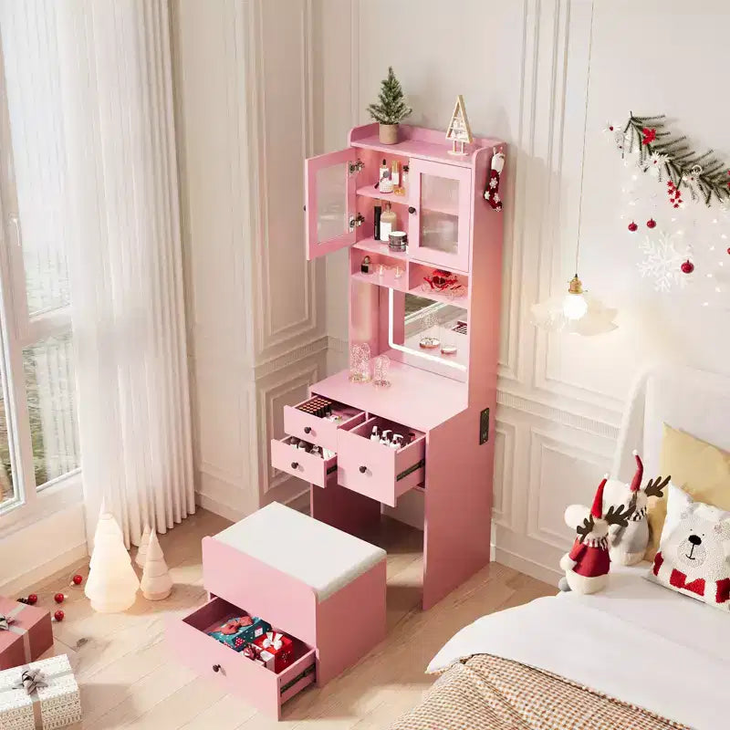 COZONY Coiffeuse 3-en-1, Haute Coiffeuse avec Tiroirs de Rangement et Portes en Acrylique, Table de Maquillage avec Miroir, Rangement pour Bijoux et Chaise Coussinée