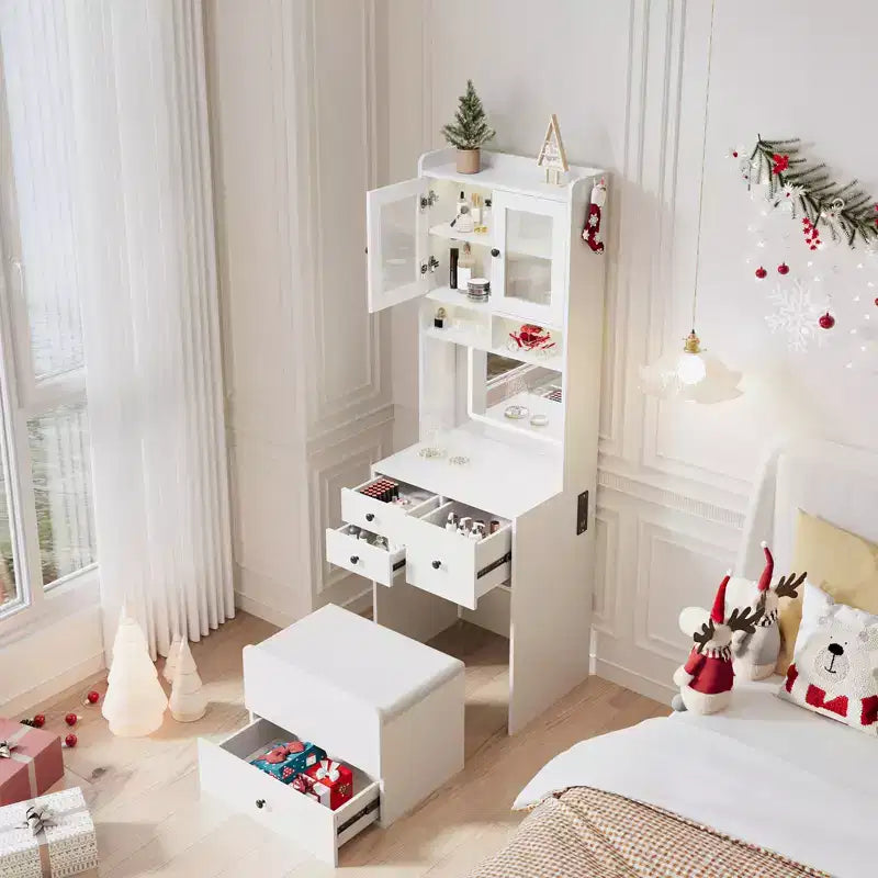COZONY Coiffeuse 3-en-1, Haute Coiffeuse avec Tiroirs de Rangement et Portes en Acrylique, Table de Maquillage avec Miroir, Rangement pour Bijoux et Chaise Coussinée