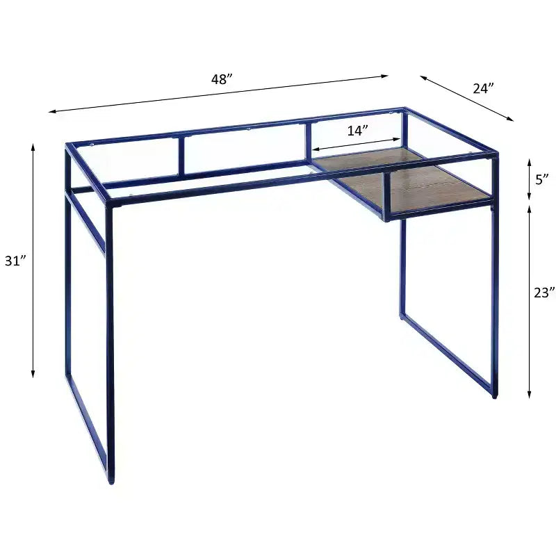 TUYOHW Bureau, Bureaux d'étude avec étagère de rangement, Plateau en verre transparent, Cadre en métal, Piétement luge, Bureau rectangulaire moderne pour bureau à domicile, bureau, chambre à coucher