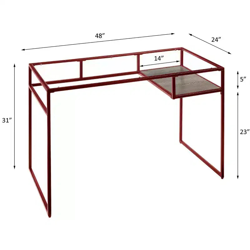 TUYOHW Bureau, Bureaux d'étude avec étagère de rangement, Plateau en verre transparent, Cadre en métal, Piétement luge, Bureau rectangulaire moderne pour bureau à domicile, bureau, chambre à coucher