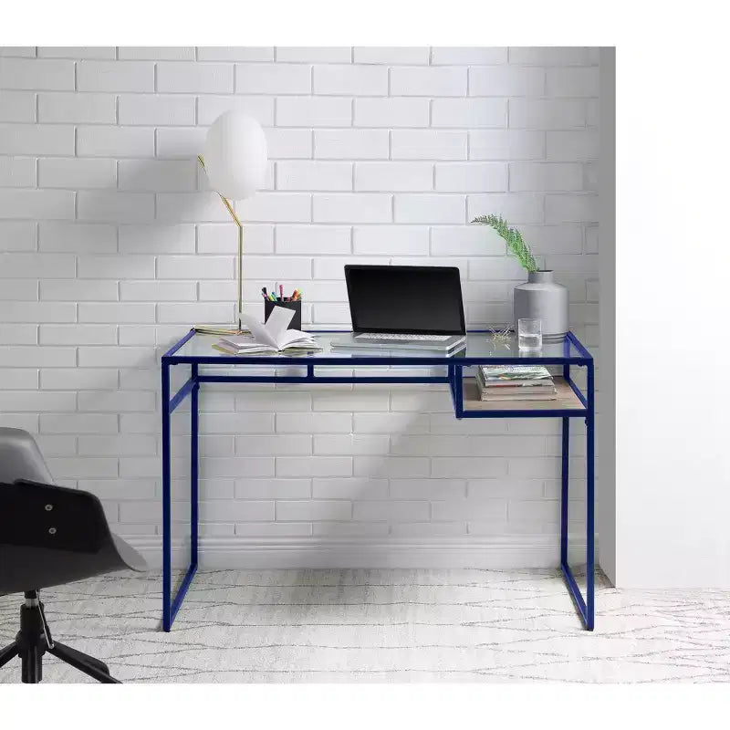 TUYOHW Writing Desk,Study Desks with Storage Shelf,Clear Glass Top,Metal Frame,Sled Base,Modern Rectangular Desk for Home Office,Study,Bedroom
