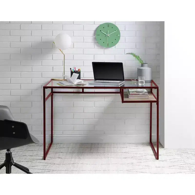 TUYOHW Bureau, Bureaux d'étude avec étagère de rangement, Plateau en verre transparent, Cadre en métal, Piétement luge, Bureau rectangulaire moderne pour bureau à domicile, bureau, chambre à coucher