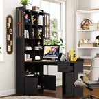 TUYOHW Bureau d'angle en L, Bureau informatique avec huche et étagère, Bureau d'étude 2 en 1 avec tiroirs et armoires, Bureau de travail moderne pour le bureau et l'étude