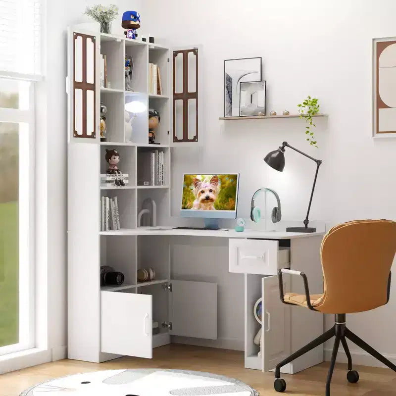 TUYOHW Bureau d'angle en L, Bureau informatique avec huche et étagère, Bureau d'étude 2 en 1 avec tiroirs et armoires, Bureau de travail moderne pour le bureau et l'étude