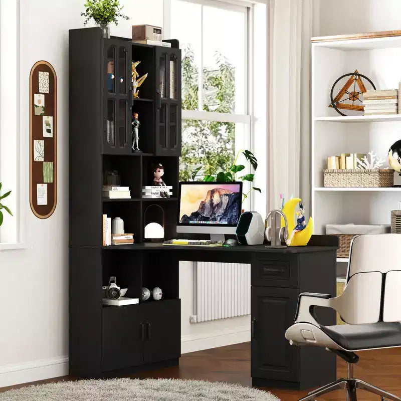 TUYOHW Bureau d'angle en L, Bureau informatique avec huche et étagère, Bureau d'étude 2 en 1 avec tiroirs et armoires, Bureau de travail moderne pour le bureau et l'étude