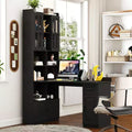 TUYOHW Bureau d'angle en L, Bureau informatique avec huche et étagère, Bureau d'étude 2 en 1 avec tiroirs et armoires, Bureau de travail moderne pour le bureau et l'étude