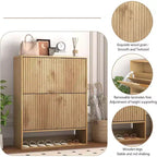 Meuble à chaussures cannelé pour entrée avec 2 tiroirs basculants et étagère ouverte inférieure, étagère à chaussures étroite avec crochets latéraux, meuble à chaussures fin