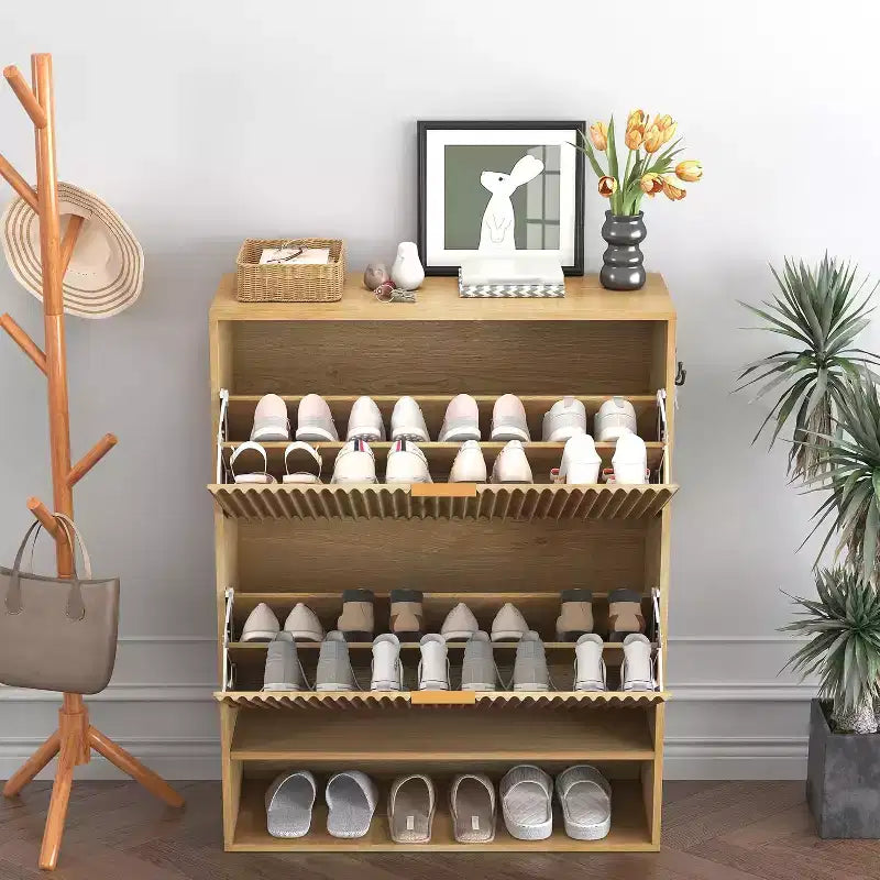 Meuble à chaussures cannelé pour entrée avec 2 tiroirs basculants et étagère ouverte inférieure, étagère à chaussures étroite avec crochets latéraux, meuble à chaussures fin