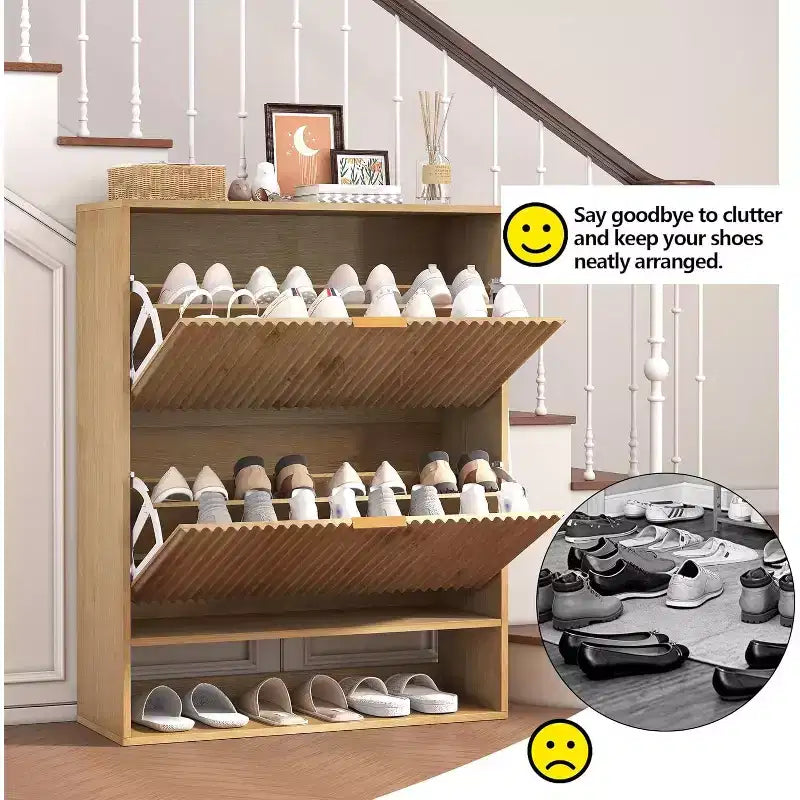 Meuble à chaussures cannelé pour entrée avec 2 tiroirs basculants et étagère ouverte inférieure, étagère à chaussures étroite avec crochets latéraux, meuble à chaussures fin