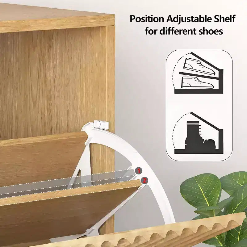 Meuble à chaussures cannelé pour entrée avec 2 tiroirs basculants et étagère ouverte inférieure, étagère à chaussures étroite avec crochets latéraux, meuble à chaussures fin