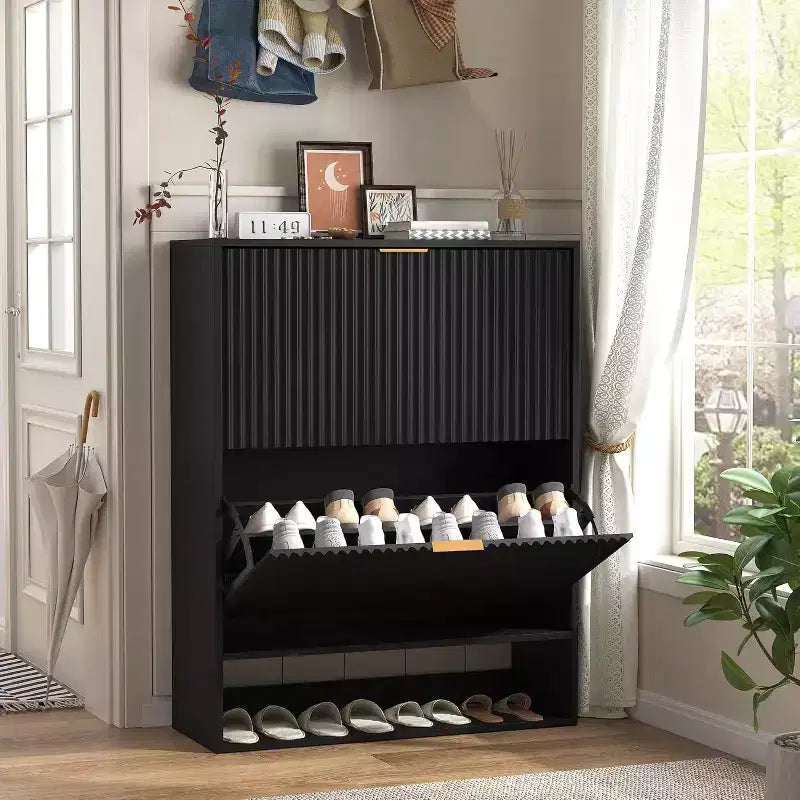 Meuble à chaussures cannelé pour entrée avec 2 tiroirs basculants et étagère ouverte inférieure, étagère à chaussures étroite avec crochets latéraux, meuble à chaussures fin