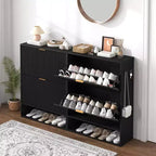 Meuble à chaussures cannelé pour entrée avec 2 tiroirs basculants et étagère ouverte inférieure, étagère à chaussures étroite avec crochets latéraux, meuble à chaussures fin