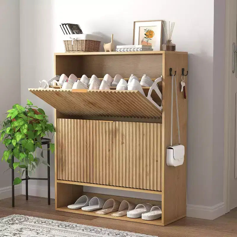Meuble à chaussures cannelé pour entrée avec 2 tiroirs basculants et étagère ouverte inférieure, étagère à chaussures étroite avec crochets latéraux, meuble à chaussures fin