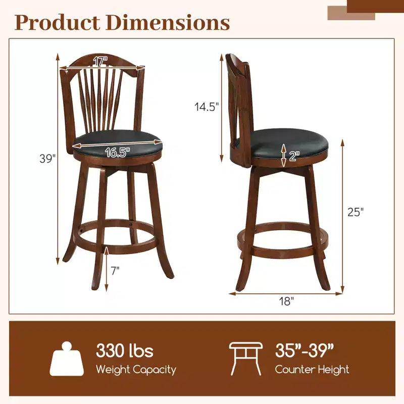 Lot de 2/4 tabourets de bar pivotants Costway, hauteur de comptoir 63,5 cm avec dossiers, cadre en bois marron