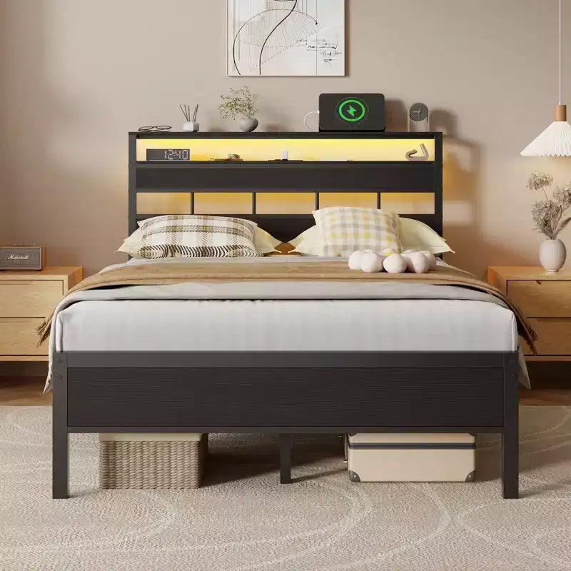 Full Size Metal Platform Bed Frame with LED Lights Charging Station 2 Tier Storage Headboard Shelf Industrial Wood No Box Spring Needed USB Teen