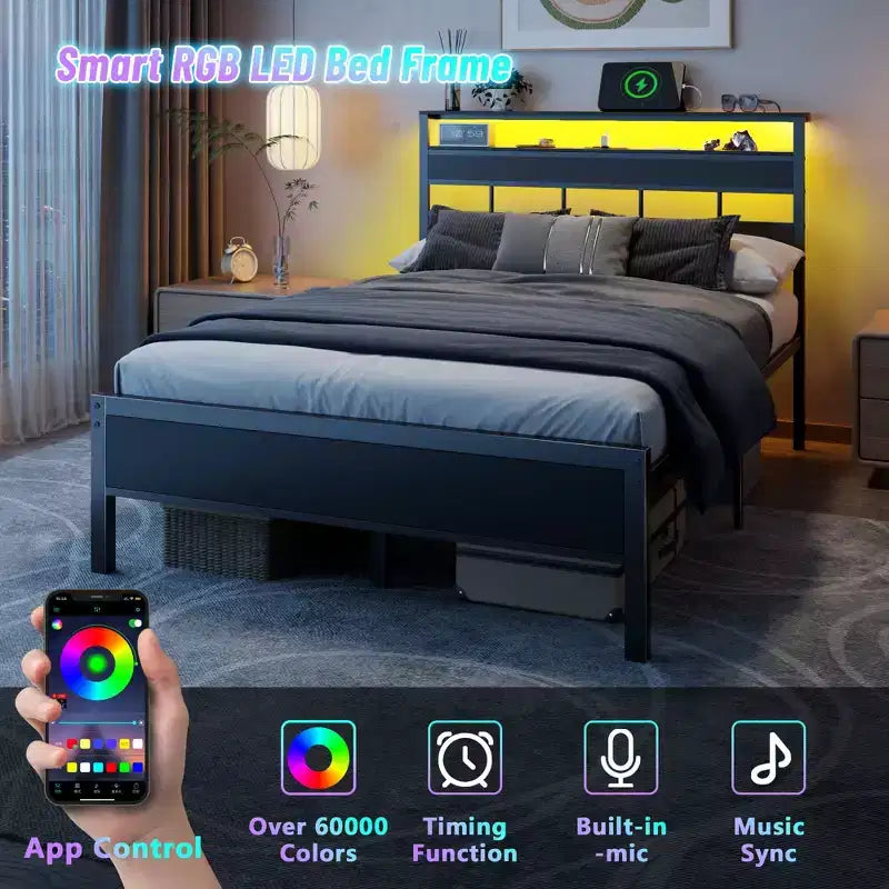 Lit plateforme double en métal avec lumières LED Station de recharge Tête de lit à 2 niveaux avec étagère Bois industriel Pas besoin de sommier Prise USB Ado