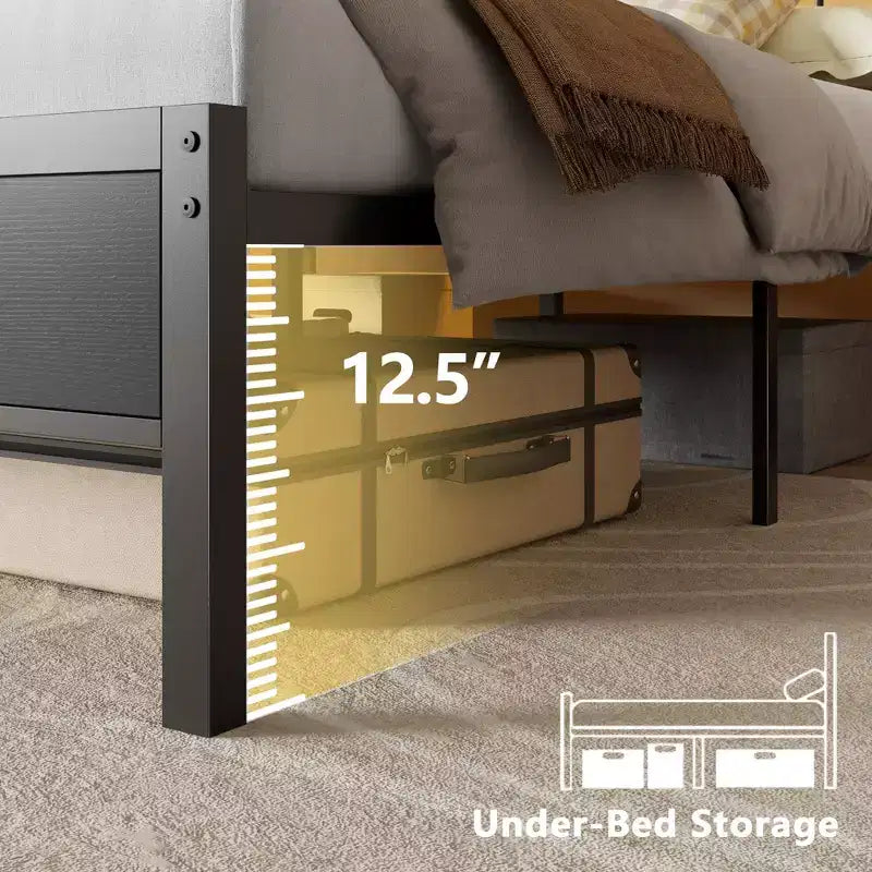 Lit plateforme double en métal avec lumières LED Station de recharge Tête de lit à 2 niveaux avec étagère Bois industriel Pas besoin de sommier Prise USB Ado