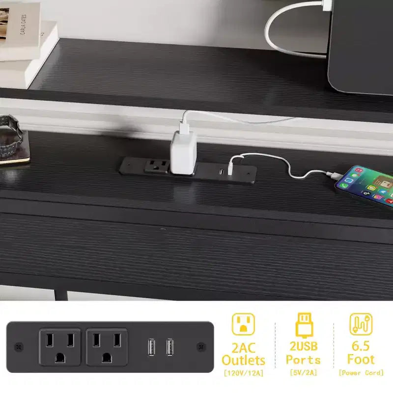 Lit plateforme double en métal avec lumières LED Station de recharge Tête de lit à 2 niveaux avec étagère Bois industriel Pas besoin de sommier Prise USB Ado