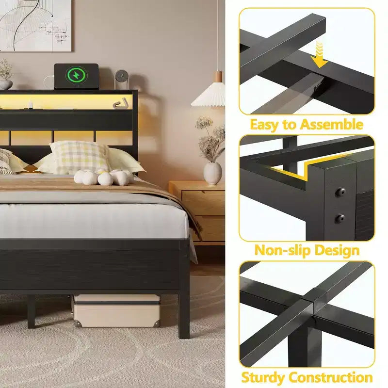 Lit plateforme double en métal avec lumières LED Station de recharge Tête de lit à 2 niveaux avec étagère Bois industriel Pas besoin de sommier Prise USB Ado