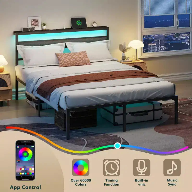 Cadre de lit plateforme en métal Queen Size avec rangement, tête de lit, lumières LED, station de charge, ports USB, support robuste noir, aucun sommier tapissier requis, chambre à coucher