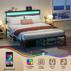 Cadre de lit plateforme en métal Queen Size avec rangement, tête de lit, lumières LED, station de charge, ports USB, support robuste noir, aucun sommier tapissier requis, chambre à coucher