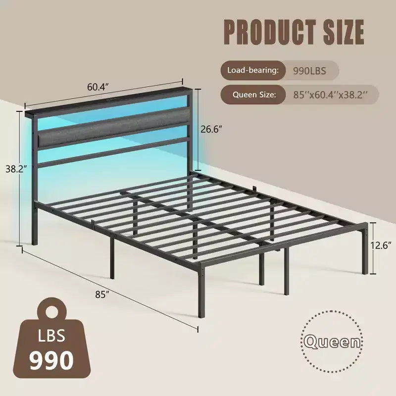 Cadre de lit plateforme en métal Queen Size avec rangement, tête de lit, lumières LED, station de charge, ports USB, support robuste noir, aucun sommier tapissier requis, chambre à coucher