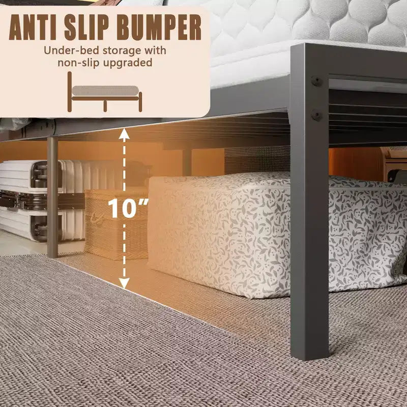 Cadre de lit plateforme en métal Queen Size avec rangement, tête de lit, lumières LED, station de charge, ports USB, support robuste noir, aucun sommier tapissier requis, chambre à coucher