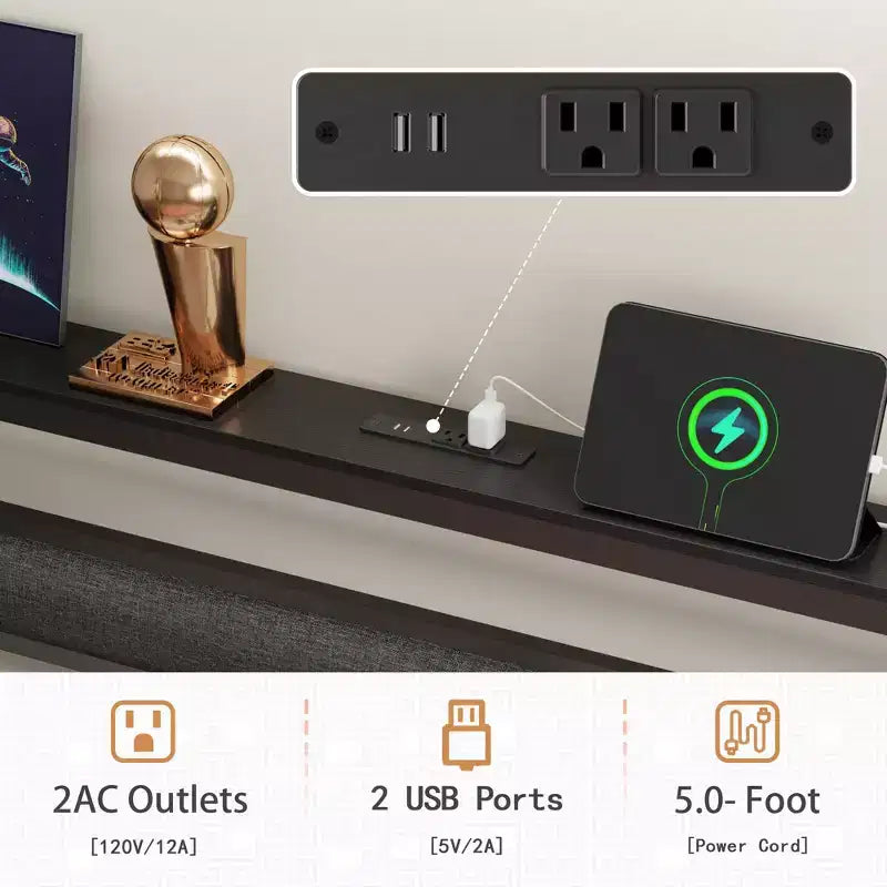 Cadre de lit plateforme en métal Queen Size avec rangement, tête de lit, lumières LED, station de charge, ports USB, support robuste noir, aucun sommier tapissier requis, chambre à coucher