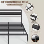 Cadre de lit plateforme en métal Queen Size avec rangement, tête de lit, lumières LED, station de charge, ports USB, support robuste noir, aucun sommier tapissier requis, chambre à coucher