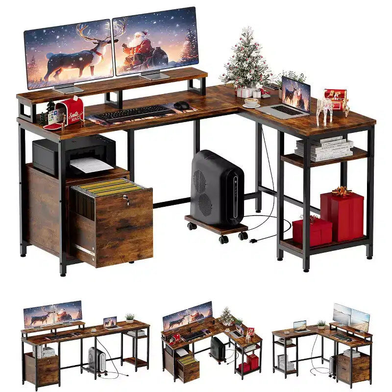 COZONY 67 Inch L Shaped Computer Desk, Power Outlets 2 Monitor Stands Adjustable Storage Shelf Multiple File Drawers Reversible Gaming Home Office