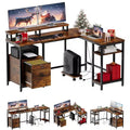 COZONY 67 Inch L Shaped Computer Desk, Power Outlets 2 Monitor Stands Adjustable Storage Shelf Multiple File Drawers Reversible Gaming Home Office