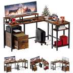 COZONY 67 Inch L Shaped Computer Desk, Power Outlets 2 Monitor Stands Adjustable Storage Shelf Multiple File Drawers Reversible Gaming Home Office