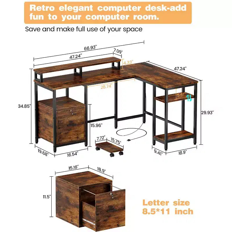 COZONY Bureau d'angle en L de 170 cm, prises de courant 2 supports d'écran Étagère de rangement réglable Plusieurs tiroirs de classement Réversible Gaming Bureau à domicile