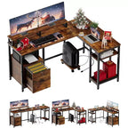COZONY Bureau d'angle en L de 170 cm, prises de courant 2 supports d'écran Étagère de rangement réglable Plusieurs tiroirs de classement Réversible Gaming Bureau à domicile