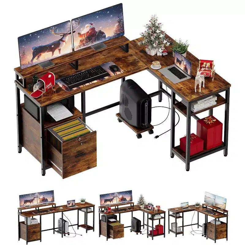 COZONY Bureau d'angle en L de 170 cm, prises de courant 2 supports d'écran Étagère de rangement réglable Plusieurs tiroirs de classement Réversible Gaming Bureau à domicile