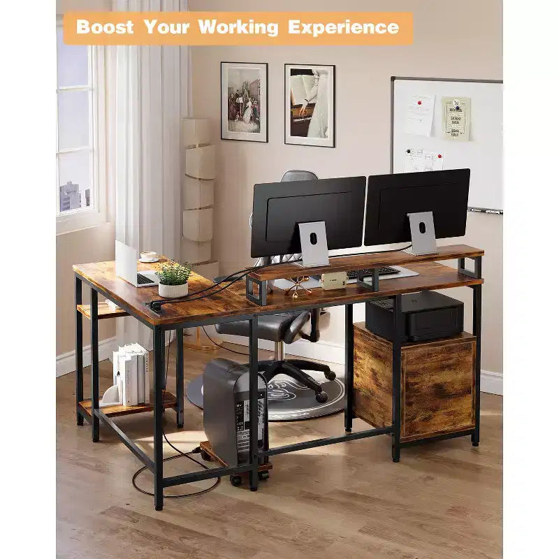 COZONY Bureau d'angle en L de 170 cm, prises de courant 2 supports d'écran Étagère de rangement réglable Plusieurs tiroirs de classement Réversible Gaming Bureau à domicile