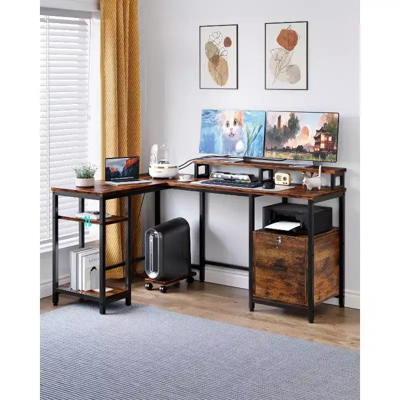 COZONY Bureau d'angle en L de 170 cm, prises de courant 2 supports d'écran Étagère de rangement réglable Plusieurs tiroirs de classement Réversible Gaming Bureau à domicile