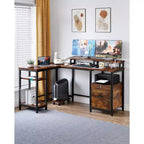 COZONY Bureau d'angle en L de 170 cm, prises de courant 2 supports d'écran Étagère de rangement réglable Plusieurs tiroirs de classement Réversible Gaming Bureau à domicile