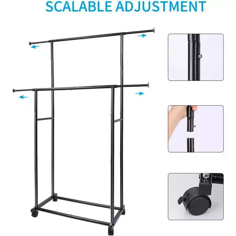 Portant à vêtements roulant à double tringle robuste, portant à vêtements en métal réglable avec une capacité de charge de 68 kg, roues verrouillables et étagère inférieure