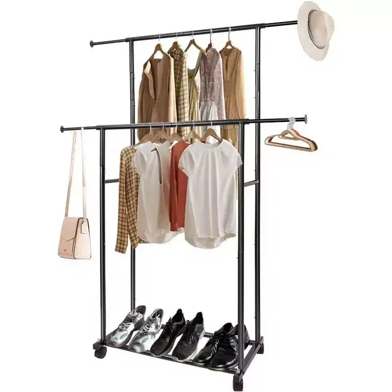 Portant à vêtements roulant à double tringle robuste, portant à vêtements en métal réglable avec une capacité de charge de 68 kg, roues verrouillables et étagère inférieure