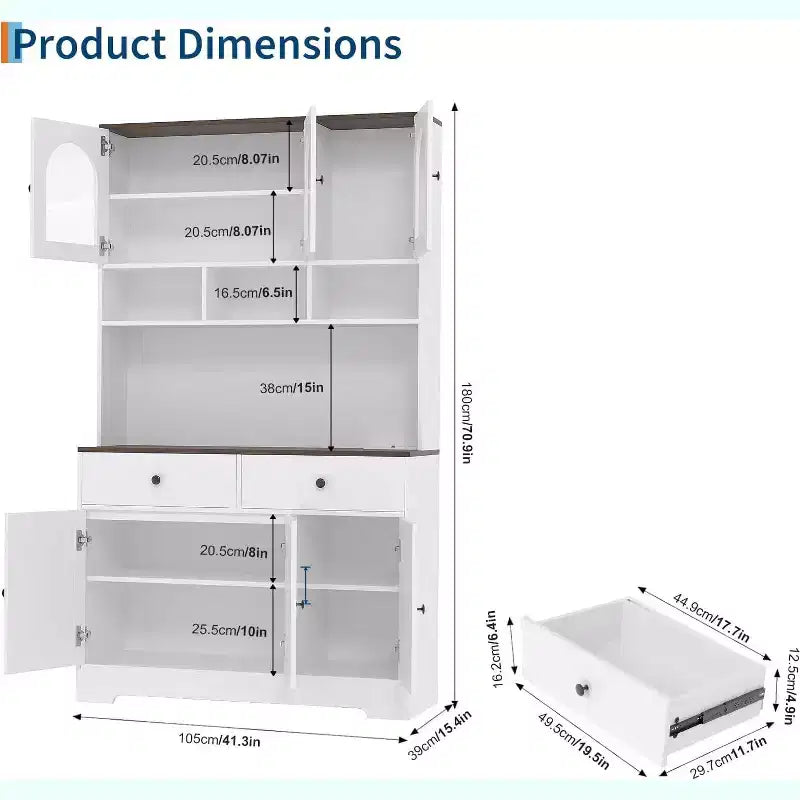 Armoire de cuisine de style campagnard, buffet autoportant de 180 cm de haut avec étagères ouvertes et plan de travail pour la cuisine ou la salle à manger