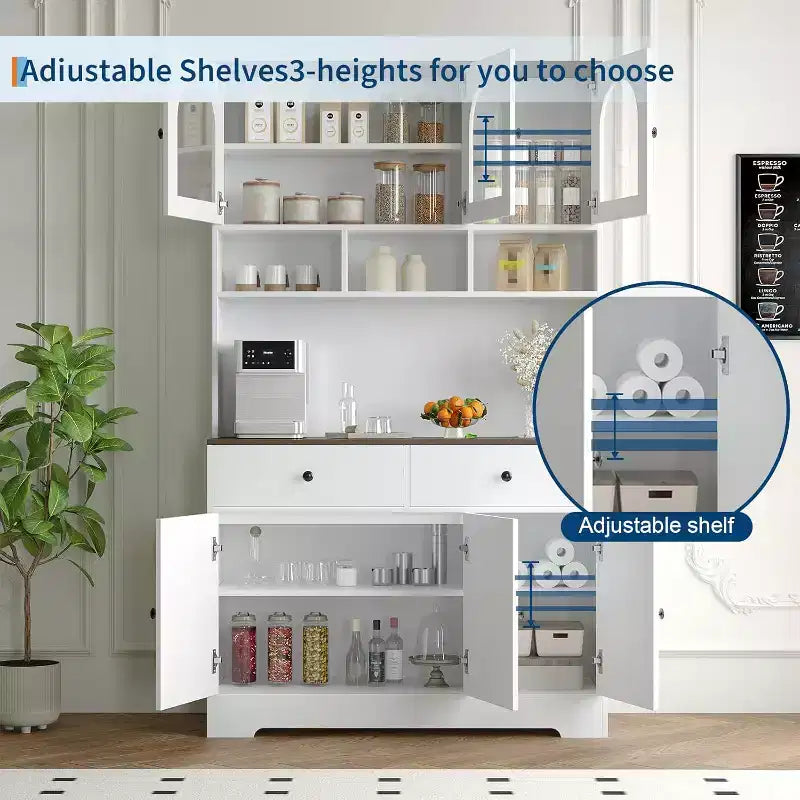 Armoire de cuisine de style campagnard, buffet autoportant de 180 cm de haut avec étagères ouvertes et plan de travail pour la cuisine ou la salle à manger