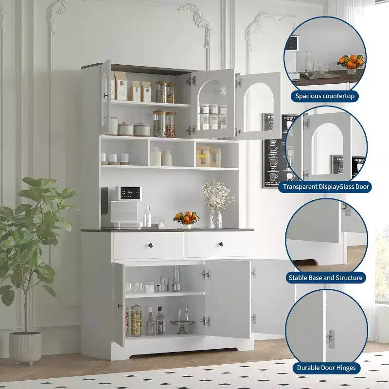 Armoire de cuisine de style campagnard, buffet autoportant de 180 cm de haut avec étagères ouvertes et plan de travail pour la cuisine ou la salle à manger