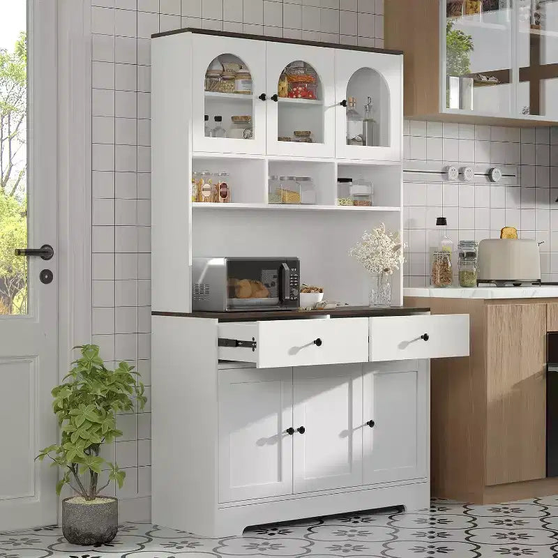 Armoire de cuisine de style campagnard, buffet autoportant de 180 cm de haut avec étagères ouvertes et plan de travail pour la cuisine ou la salle à manger