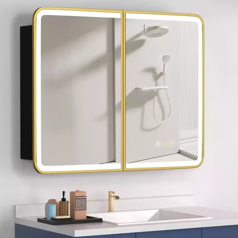 Armoire à pharmacie HOME avec miroir LED, montage en saillie ou encastré, anti-buée, fonction mémoire, éclairage 3 couleurs, USB et prise de courant, variateur, étagère de rangement