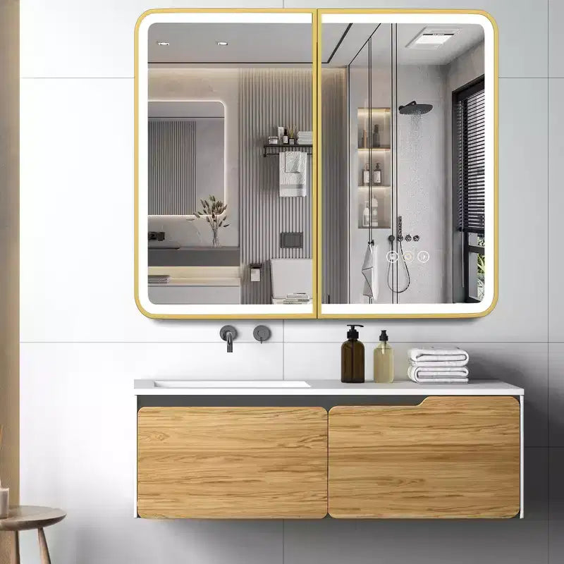 Armoire à pharmacie HOME avec miroir LED, montage en saillie ou encastré, anti-buée, fonction mémoire, éclairage 3 couleurs, USB et prise de courant, variateur, étagère de rangement