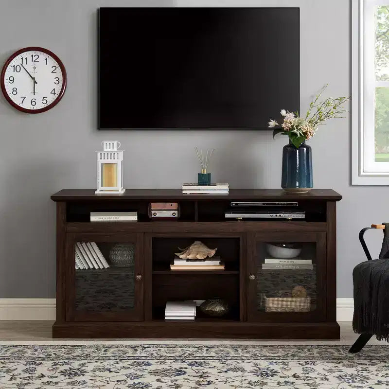 Meuble TV de 60 pouces pour téléviseurs jusqu'à 65 pouces, meuble de divertissement avec gestion des câbles, console marron classique pour salon