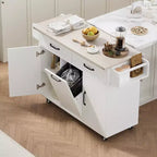 sumyeg Kitchen Island Cart with Trash Can Storage, Drop Leaf, Spice Rack, Towel Rack and Drawer, Rolling Cart with Adjustable Shelf for Kitchen