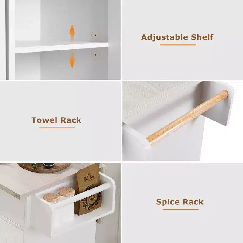 Chariot d'îlot de cuisine sumyeg avec rangement pour poubelle, abattant, porte-épices, porte-serviettes et tiroir, desserte roulante avec étagère réglable pour la cuisine
